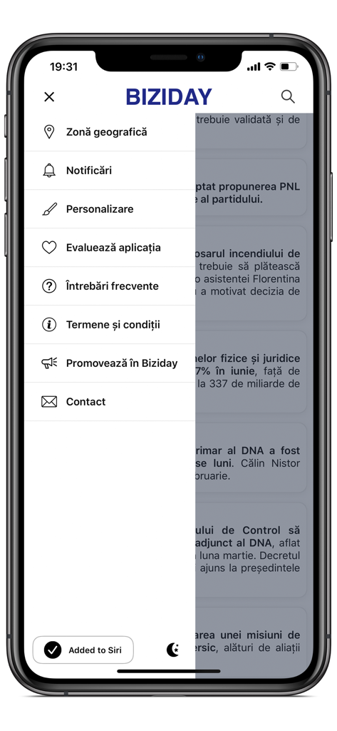 Side menu of the Biziday news app showing navigation settings like geographic zone notifications and personalization in Romanian