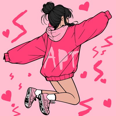 realistic girl jumping with a bun and oversized sweatshirt