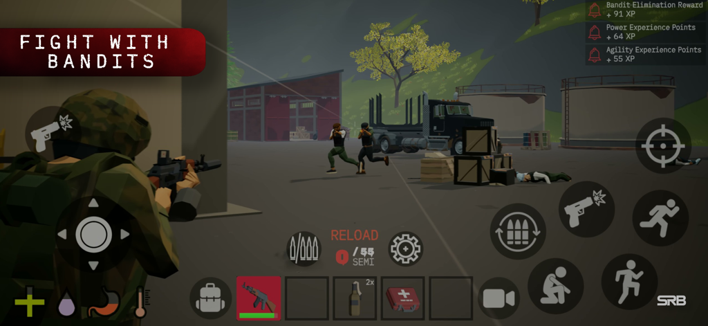 FateZ: Zombie Survival - Captura de pantalla del juego FateZ Zombie Survival mostrando a un personaje jugador con camuflaje apuntando con un rifle a bandidos enemigos en un área industrial low poly