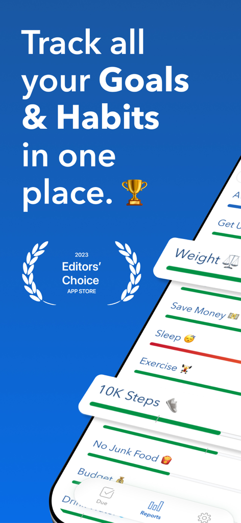 Strides: Habit Tracker + Goals - Strides habit and goal tracker app interface showing various trackers and the App Store Editors Choice award.