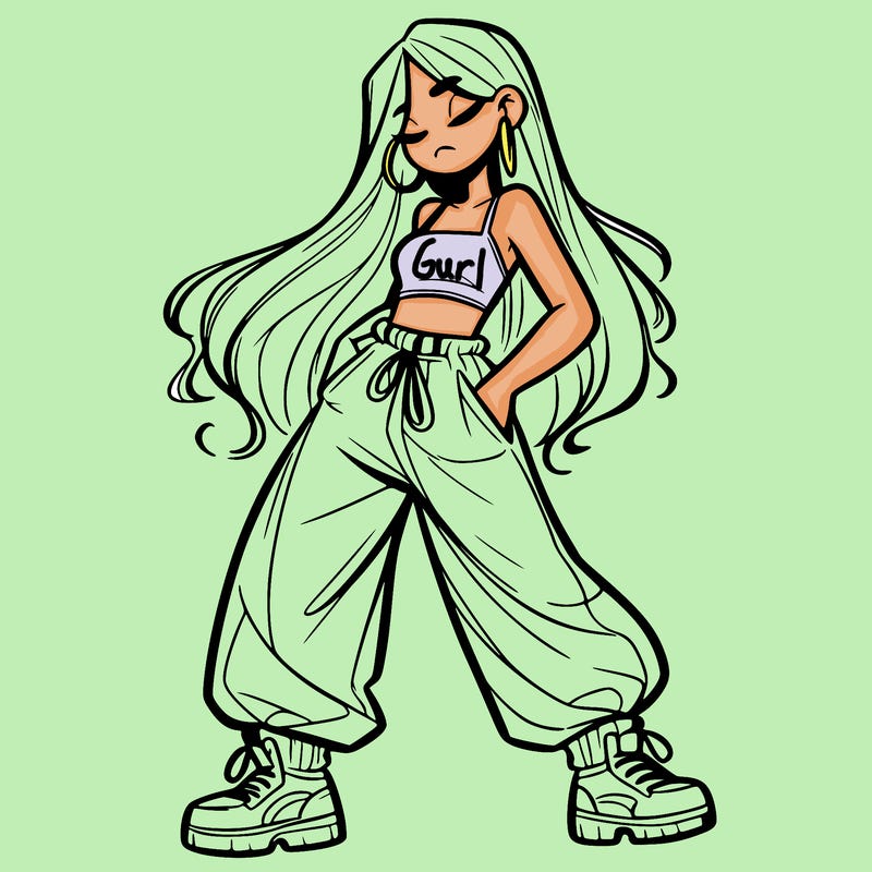 girl in baggy pants crop top and long hair