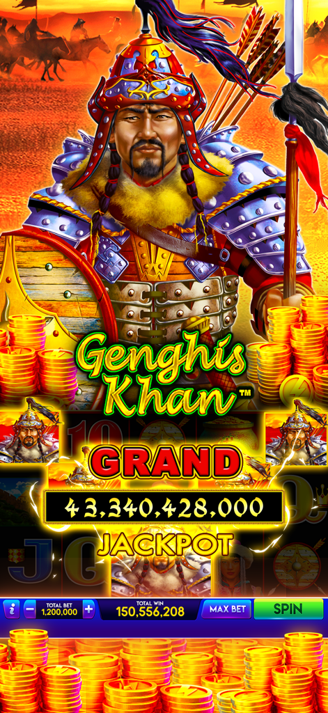 Lightning Link Casino Slots - Pantalla de la máquina tragamonedas con temática de Genghis Khan con un gran bote de 43 mil millones en Lightning Link Casino.