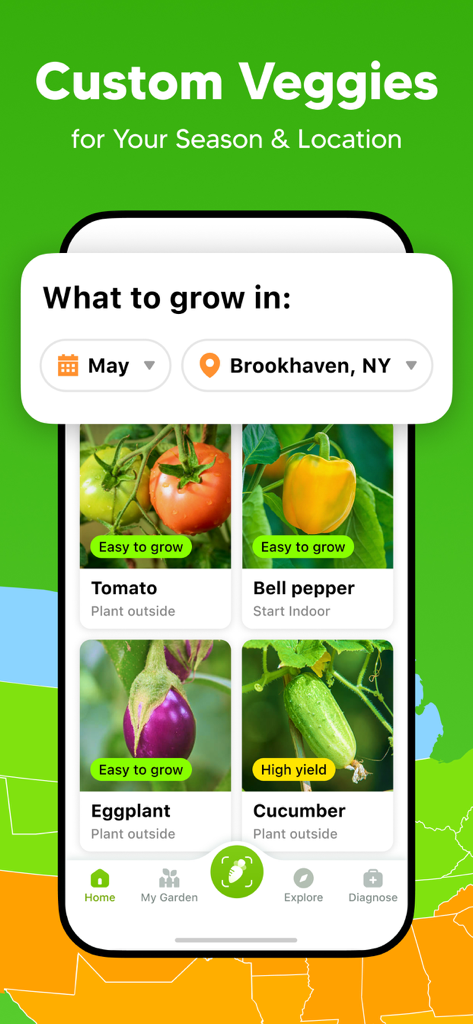 GrowIt: Garden Planner - Pantalla de la aplicación GrowIt que muestra recomendaciones personalizadas de verduras para mayo en Brookhaven, Nueva York, con etiquetas de cuidado de plantas