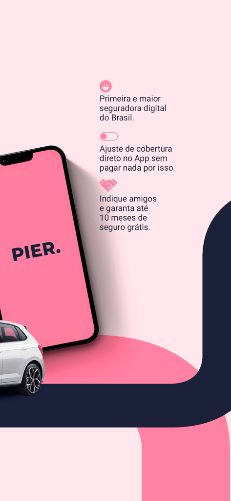 Marketing screen for the Pier digital insurance app featuring car insurance and referral benefits.