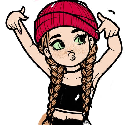 realistic teenage girl with braids and a beanie and crop top doing 🫶🏼