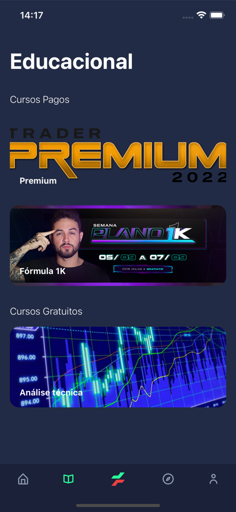 Sección educativa de la aplicación Take Tips que presenta cursos de trading de forex de pago y gratuitos