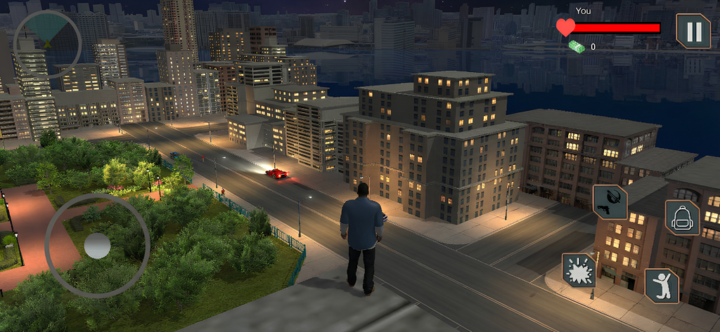 GTA V Mobile : Crime City MODS - Third-person gameplay view of a character on a rooftop overlooking a city at night