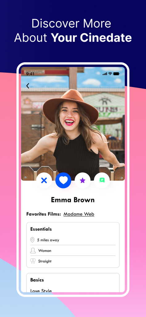 CineConnections - Emma Brown user profile on CineConnections movie dating app showing movie interests and bio