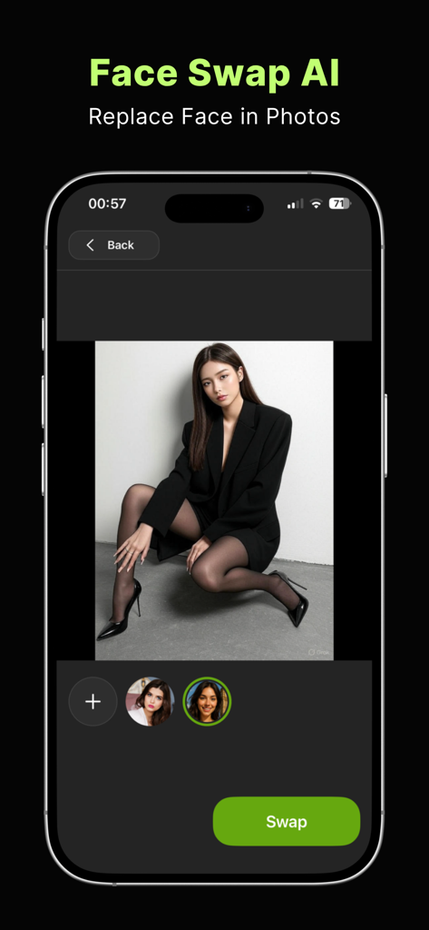 FaceSwap - AI Face Swap Video - Interface de l'application FaceSwap IA montrant la photo d'une femme et l'option d'échanger des visages avec un bouton vert.