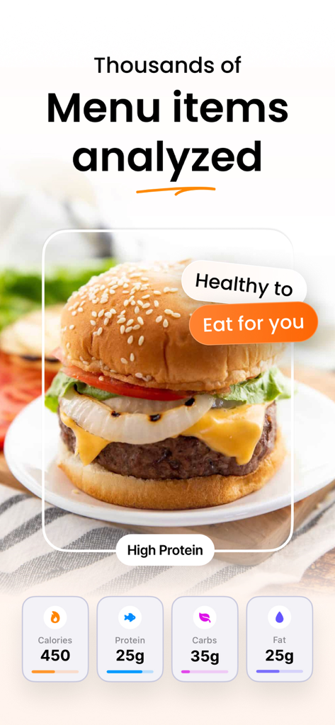 LeanBites - Healthy Dining - Nutritional macro breakdown for a high-protein restaurant burger shown in the LeanBites app