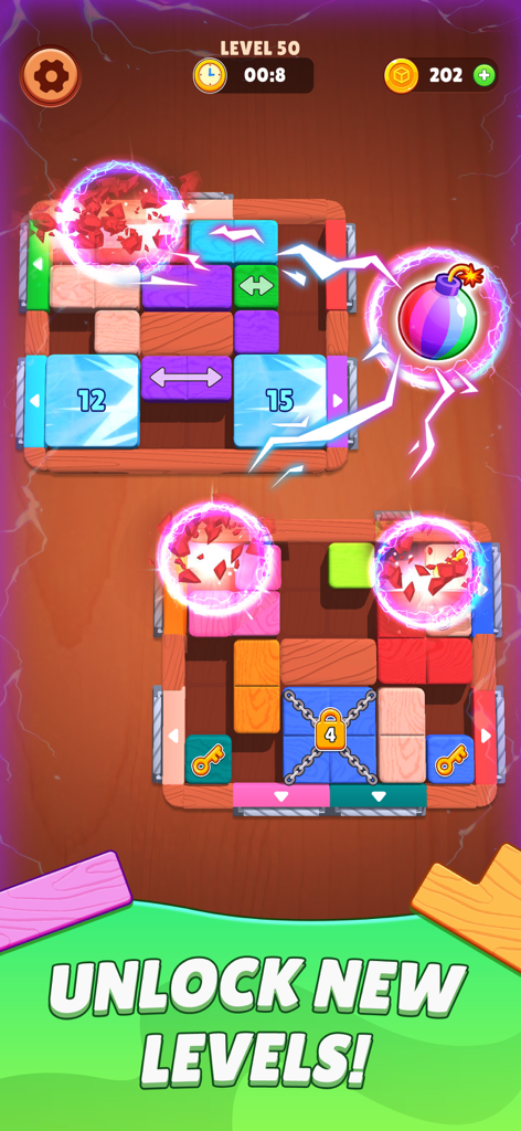 Screw Block Escape - Screw Block Escape gameplay screen showing a sliding block puzzle with wooden textures and a colorful bomb power up