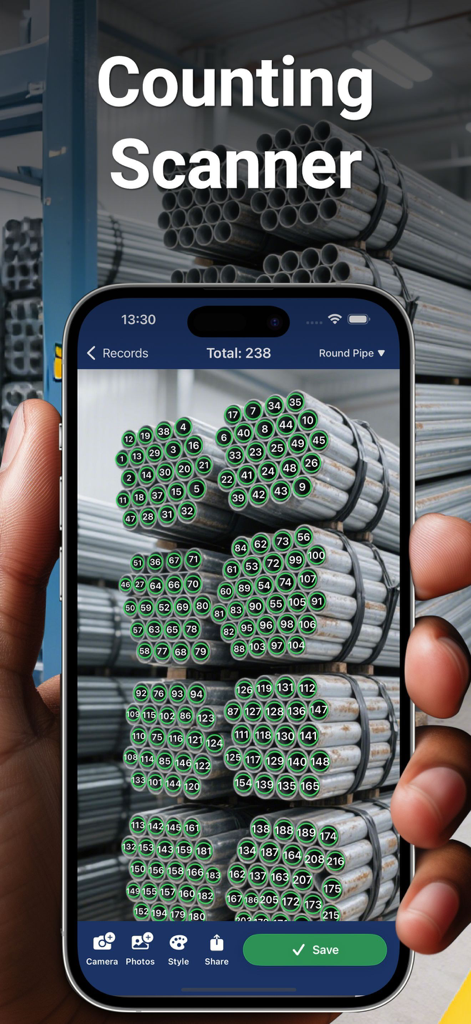 Count Things: Photo Counting - Smartphone screen showing CountAI app scanning and counting round industrial pipes in a warehouse.
