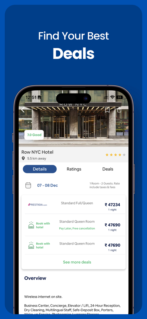 Cheap Hotels・Hotel booking app - Smartphone screen showing the Cheap Hotels app interface comparing room prices for a hotel in New York.