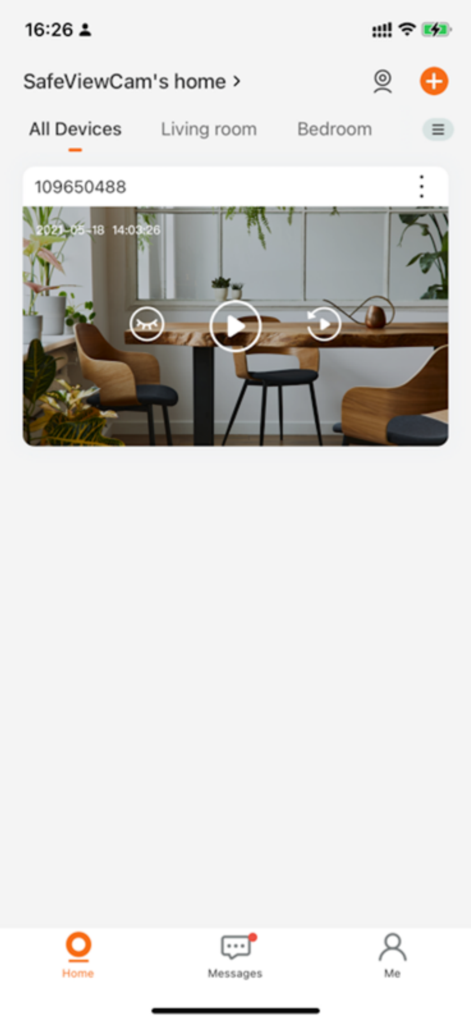 Interface of the Safeview app displaying a live indoor security camera feed