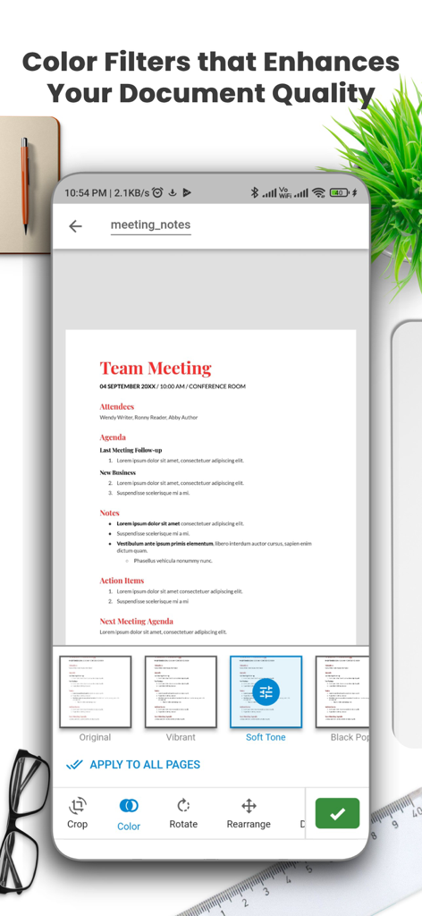 Document Scanner by Lufick - Interface of a document scanner app showing color filters applied to meeting notes to enhance quality.
