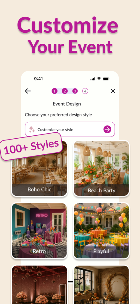 AI Event Designer - Party Plan - Interface de l'application AI Event Designer montrant plus de 100 styles de fête, y compris Boho Chic, Beach Party, Rétro et Ludique