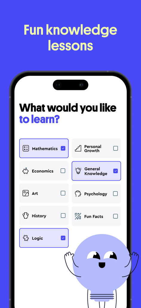 Pantalla de la aplicación Loomi que muestra varias categorías de aprendizaje como Matemáticas, Psicología y Lógica