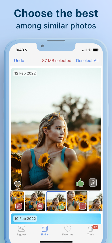 Cleaner-App - Interface de Cleaner-App montrant une série de photos similaires dans un champ de tournesols pour aider les utilisateurs à choisir la meilleure et à supprimer les doublons.