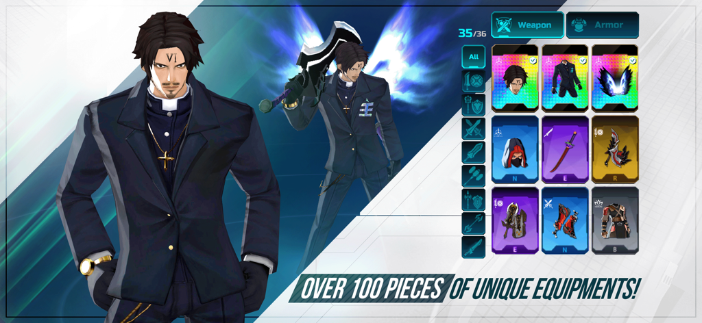 A character customization screen in OVERDOX showing a male character and a grid of unique weapons and armor pieces