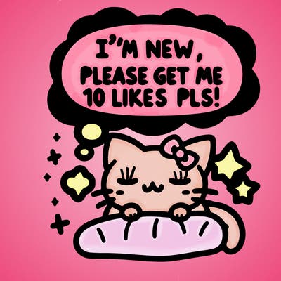 kitty taking a nap dream talking and saying "i'm new, please get me at least 10 likes pls!!"