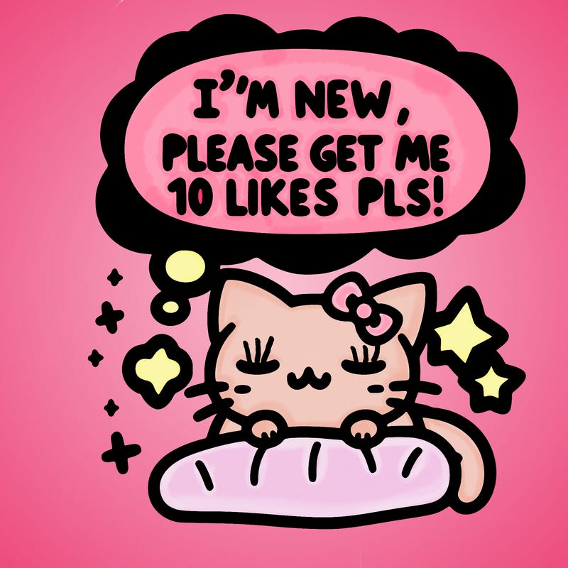 kitty taking a nap dream talking and saying "i'm new, please get me at least 10 likes pls!!"