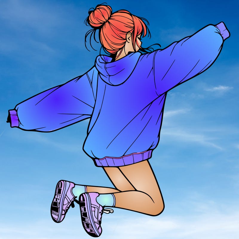 realistic girl jumping with a bun and oversized sweatshirt