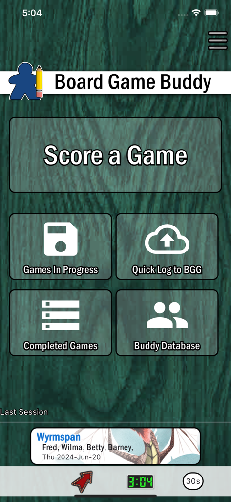Board Game Buddy - Board Game Buddy app main menu with buttons for scoring games and logging to BoardGameGeek