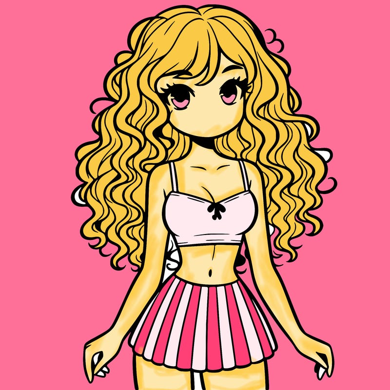 crop top girl with very short skirt and curly long hair