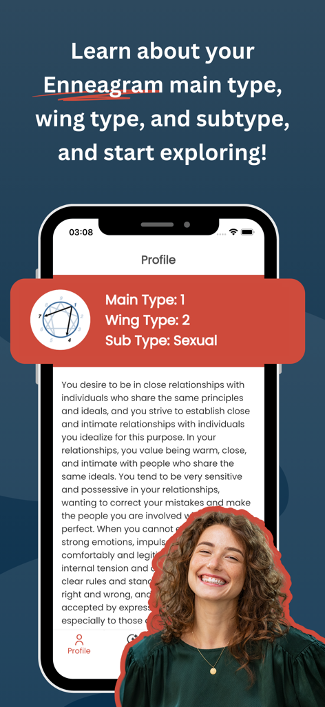 Enneagram Premium - Enneagram Premium app screen showing personality type analysis including main type wing and subtype