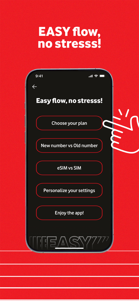 Ein mobiler Bildschirm, der die fünf Schritte zur Einrichtung der Vodafone EASY App zeigt, einschließlich Tarifauswahl und eSIM-Aktivierung.