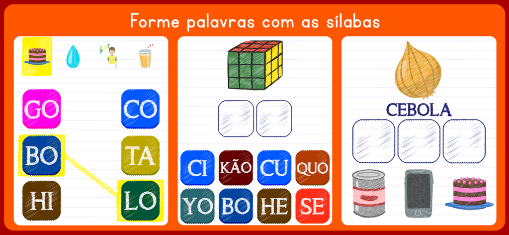 Silabando - Actividades interactivas de construcción de palabras utilizando sílabas en la aplicación de alfabetización en portugués Silabando.