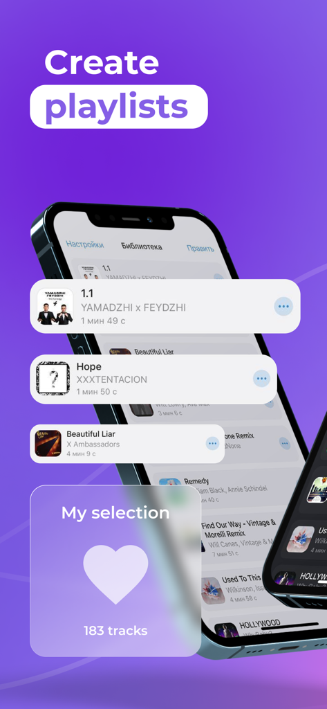 Un smartphone mostrando la interfaz de la aplicación SoundBar con una lista de pistas de música y una sección para crear listas de reproducción.