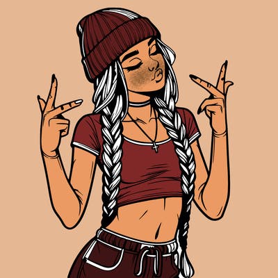 realistic teenage girl with braids and a beanie and crop top doing 🫶🏼