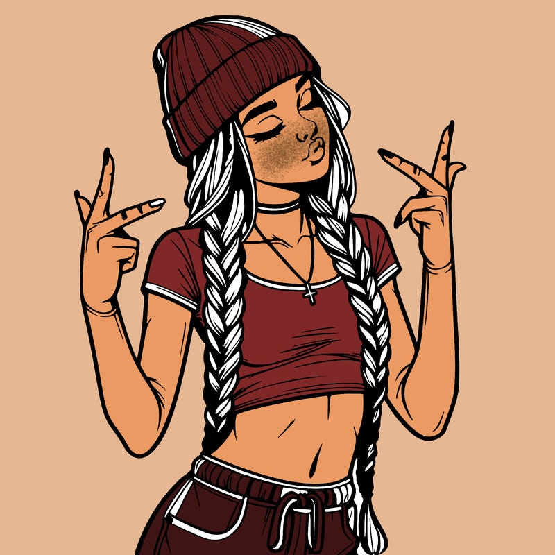 realistic teenage girl with braids and a beanie and crop top doing 🫶🏼