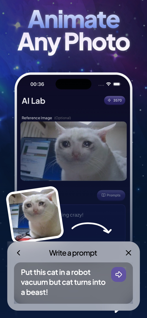 AI Video Generator: Vidzy - Vidzy app interface showing a cat photo being animated with an AI text prompt
