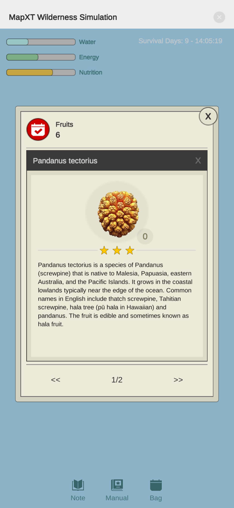 MapXT - MapXT wilderness simulation screen showing edible fruit information and survival status bars