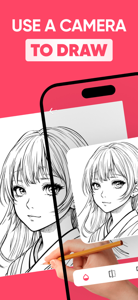 AR Drawing - AR Sketch - A hand sketching an anime character on paper using the AR Drawing app's camera overlay feature on a smartphone.