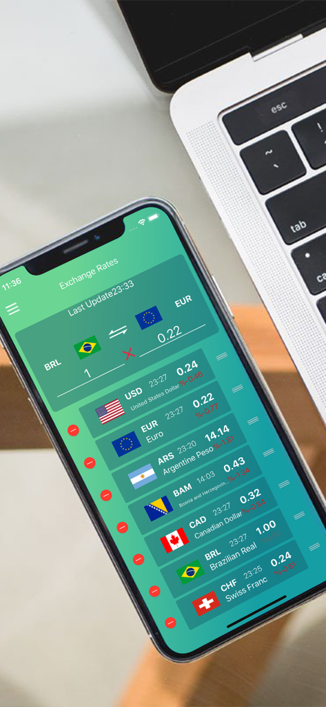 Currency Conversion ٞ - iPhone screen showing a list of currency exchange rates with flags and real-time updates.