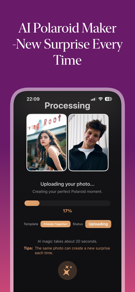 Polaroid AI  Photo Generator - Smartphone screen showing the Polaroid AI Photo Generator app processing a Friends Together template