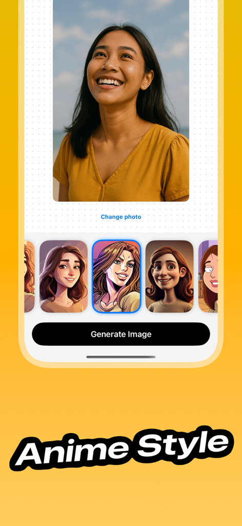 Cartoon Photo Editor ToonShot - ToonShot app interface showing a photo being transformed into various anime styles