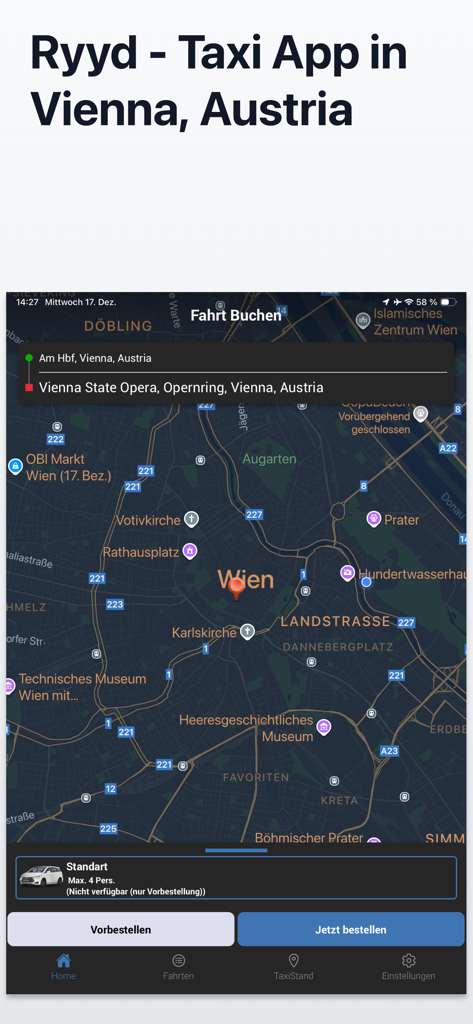 Ryyd Taxi Booking Vienna - Ryyd taxi booking app interface showing a map of Vienna with a route selection from the central station to the State Opera.