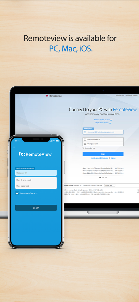 RemoteView login interface displayed on both an iPhone and a laptop computer