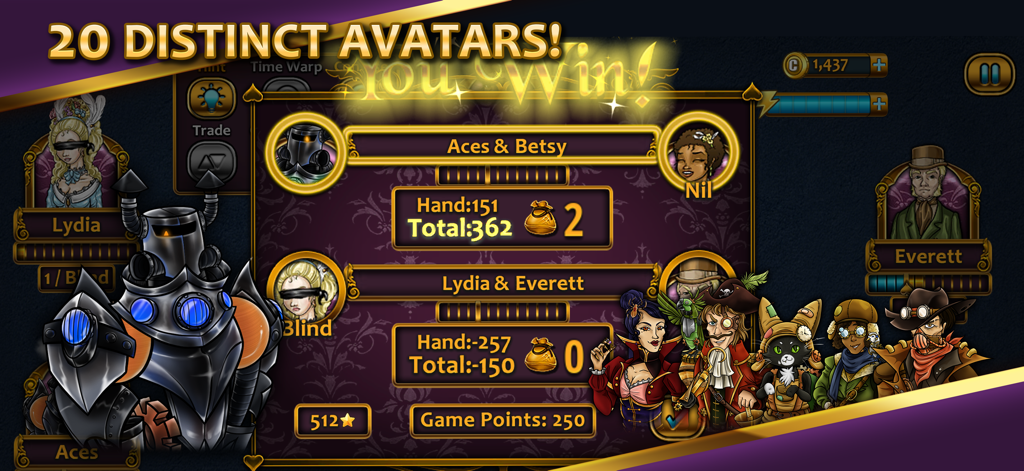 Victory screen in Aces Spades showing team scores and a selection of Victorian-style character avatars.