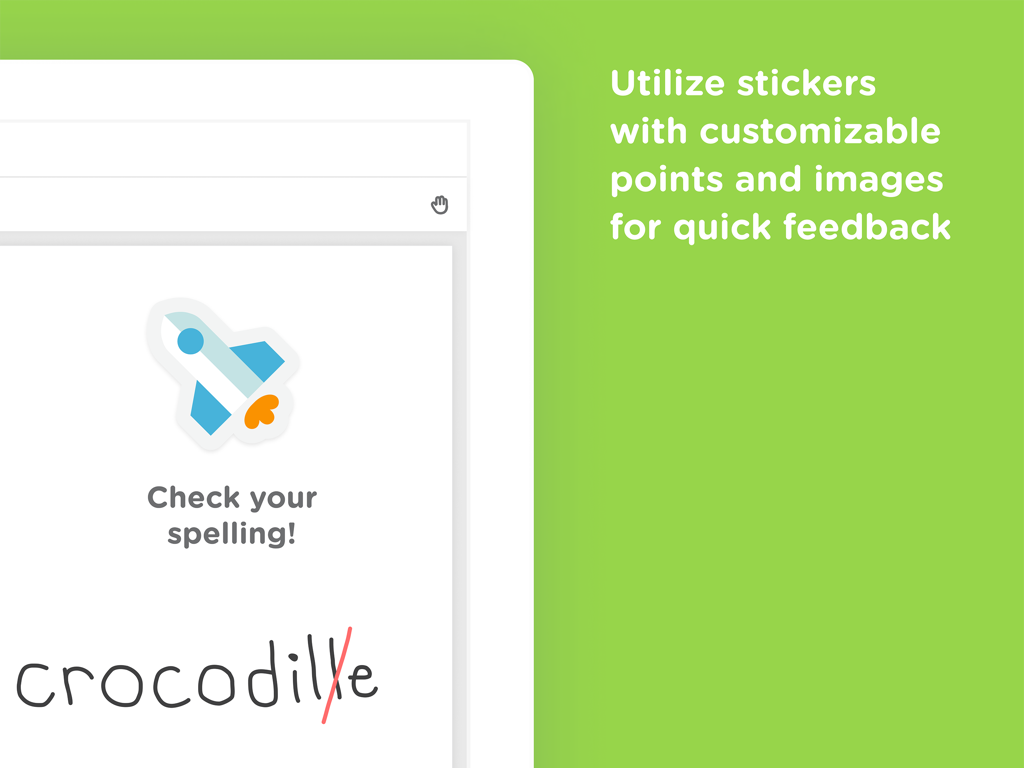 A digital rocket sticker in Classkick providing spelling feedback on a student's handwritten work