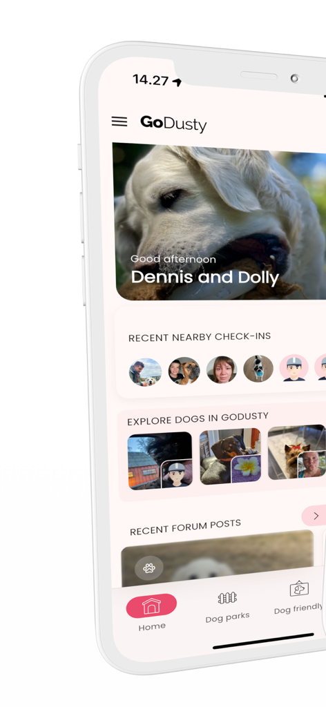 GoDusty - GoDusty app home screen showing dog profiles recent nearby checkins and dog park navigation