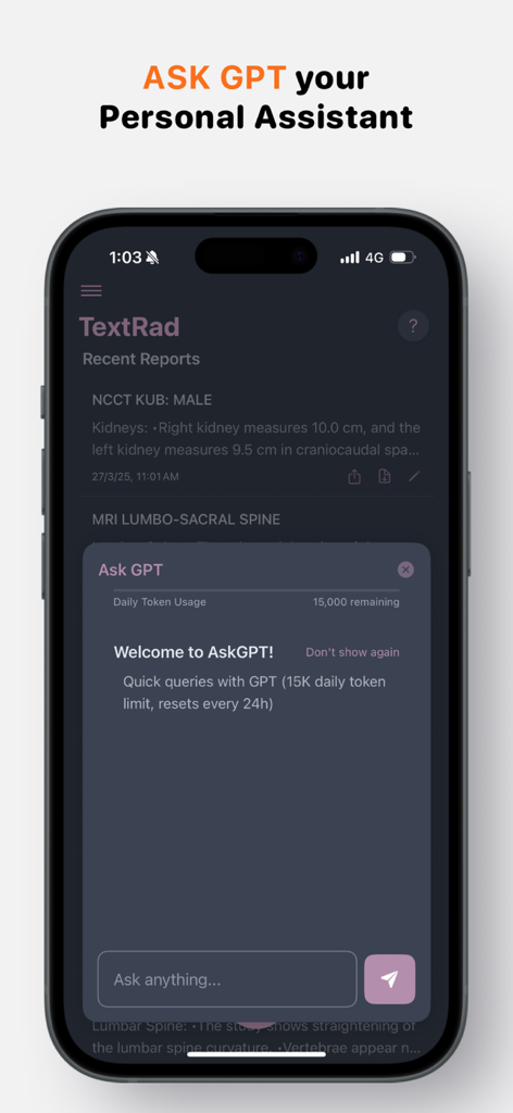 TextRad app screenshot showing the Ask GPT AI assistant pop-up over a list of radiology reports