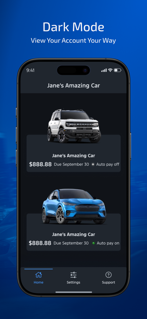 Ford Credit app dashboard in dark mode showing vehicle payment details