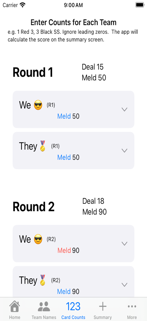 Hearts Samba Scoring - Pantalla de recuentos de cartas que muestra la puntuación de los equipos Nosotros y Ellos en la Ronda 1 y Ronda 2.