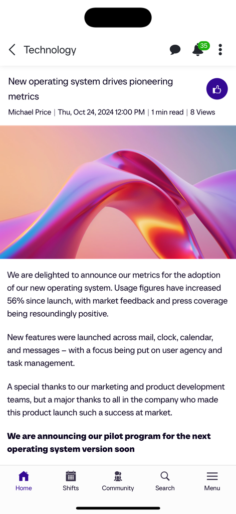 A corporate news article within the Unily Mobile employee engagement app showing an internal announcement and engagement icons