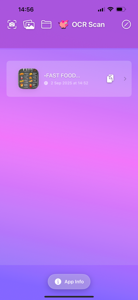 PhotoText OCR Pro - Interfaz principal de PhotoText OCR Pro mostrando un historial de documentos escaneados con un menú de comida rápida